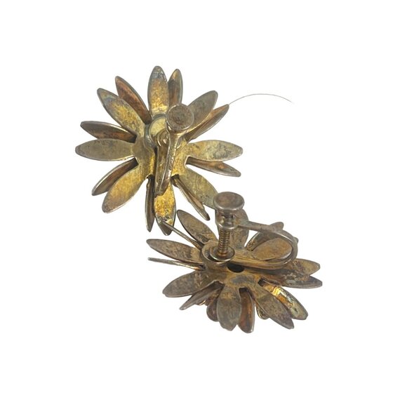 Vermeil Sterling 1940s Floral Screw back Earrings With Red Rhinestones - Picture 4 of 8